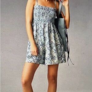 Anthropology Smocked Strap Printed Romper in Light Blue